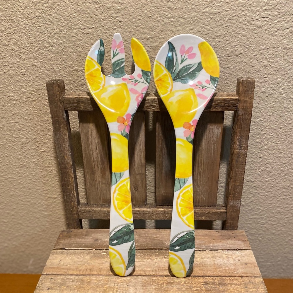 Farmhouse Lemon Serving Spoon Set, Melamine Lemons Leaves & Floral Serving Set
